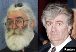 A combo photo shows Radovan Karadzic (left) in a photo taken before his arrest in 2008 in Belgrade, where he was posing as a doctor of alternative medicine, and (right) attending a parliamentary session in February 1995.