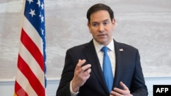 US Secretary of State Marco Rubio speaks to the media during at Shannon Airport in Ireland, March 12, 2025