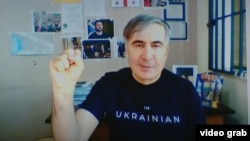 Former Georgian President Mikheil Saakashvili joins his court hearing via video call from the Vivamedi Clinic on March 10.